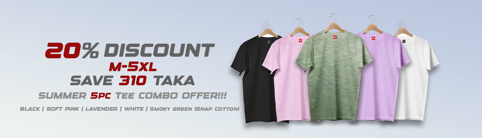 5PC Cotton T-Shirt Combo For Summer Black | Soft Pink | Lavender | White | Smoky Green (Snap Cotton)